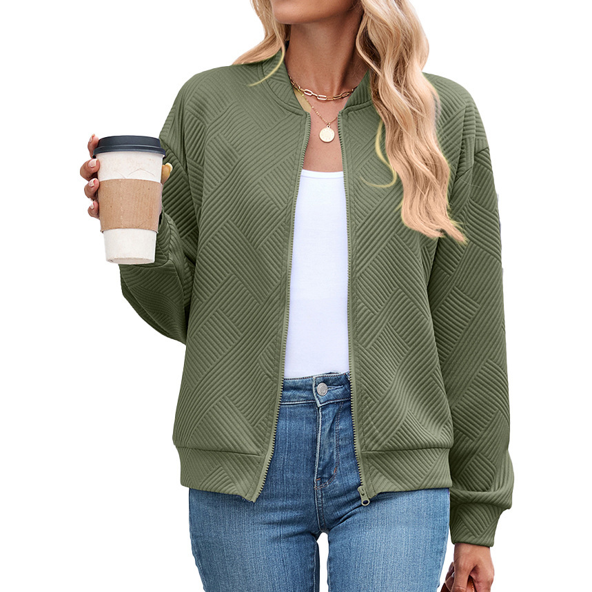 Solid-color Crew-neck Zip-up Loose-fitting Long-sleeve Jacket - Image 5