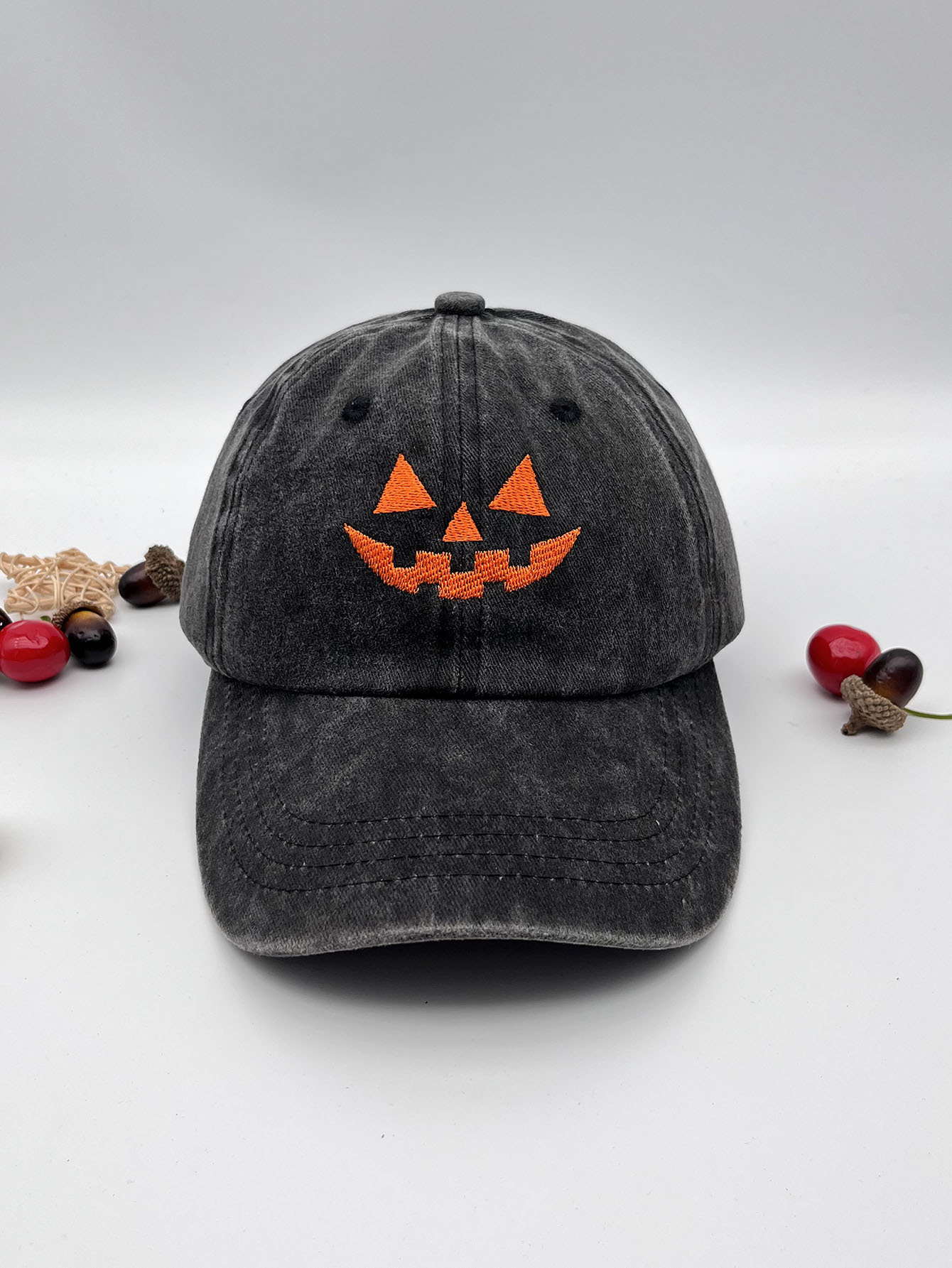 Washed Cotton Men's And Women's Casual Halloween Embroidery Pumpkin Smiley Baseball Cap - Image 3