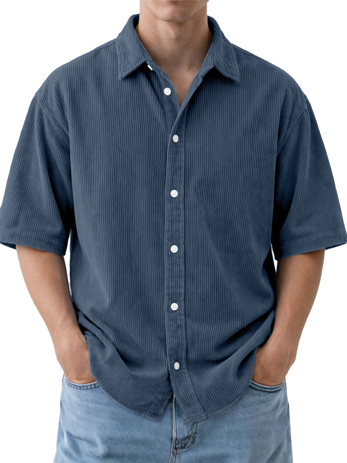 Mens Loose-Fit Solid-Color Corduroy Short-Sleeve Shirt - Image 10