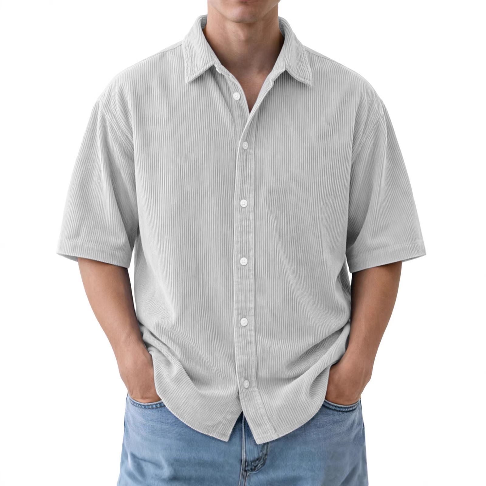 Mens Loose-Fit Solid-Color Corduroy Short-Sleeve Shirt - Image 8
