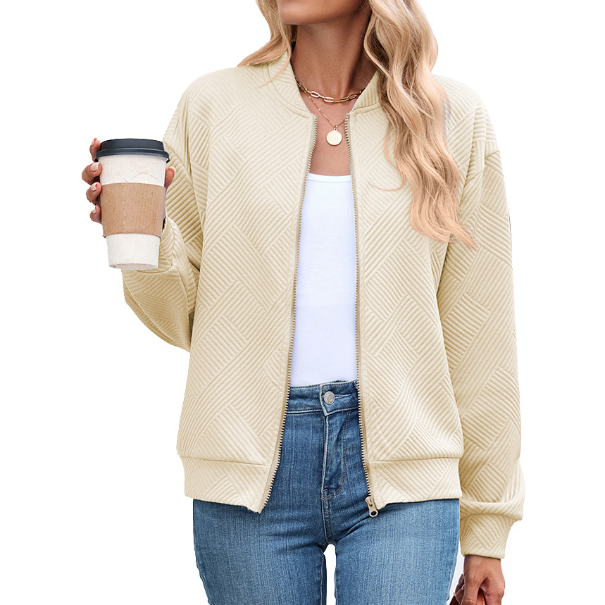 Solid-color Crew-neck Zip-up Loose-fitting Long-sleeve Jacket - Image 3