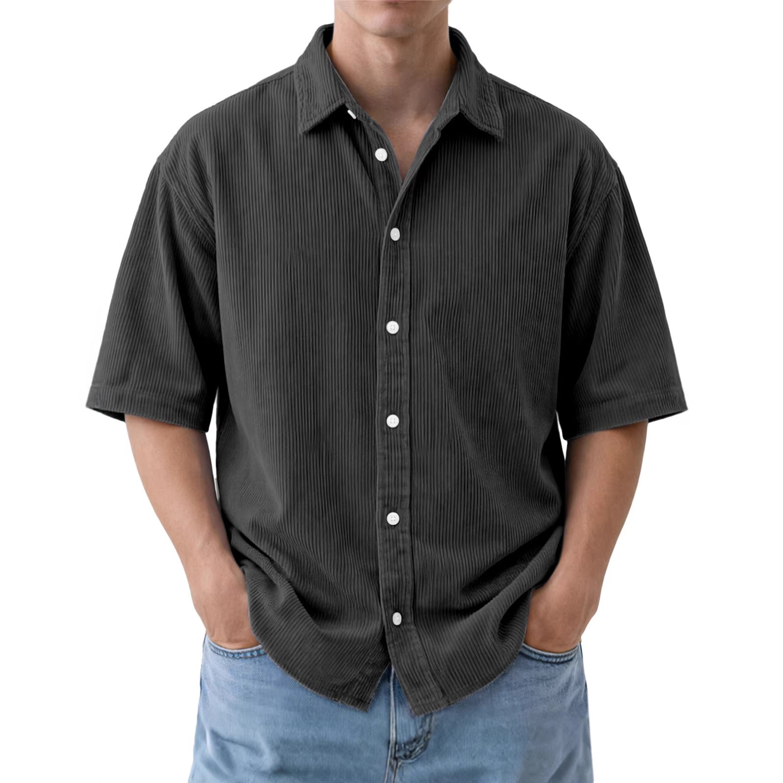 Mens Loose-Fit Solid-Color Corduroy Short-Sleeve Shirt - Image 2