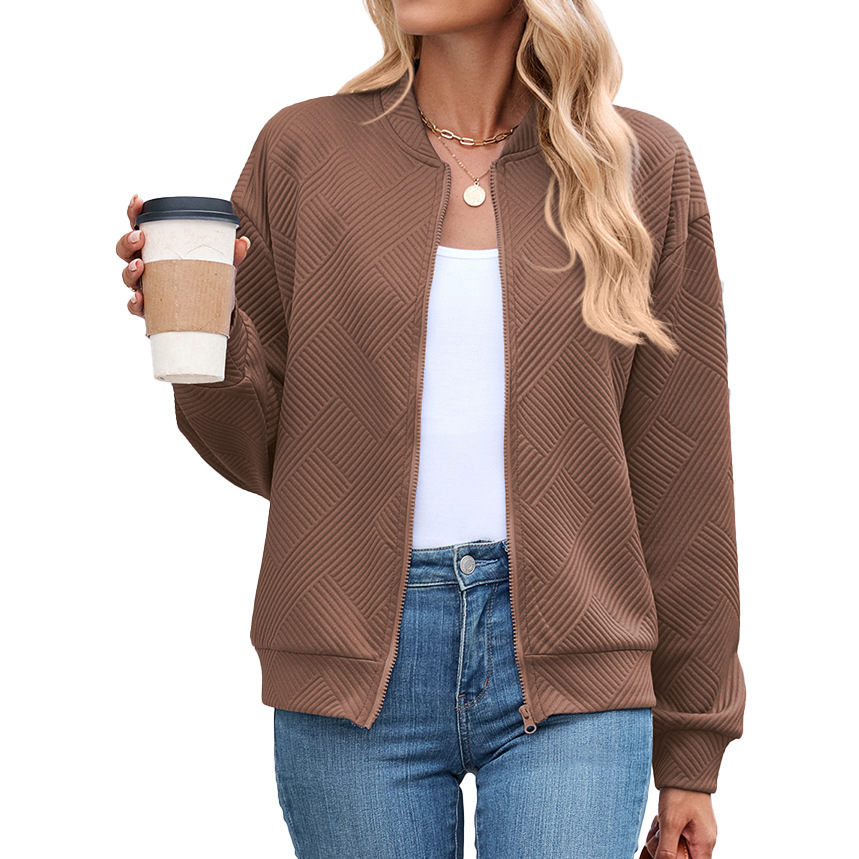 Solid-color Crew-neck Zip-up Loose-fitting Long-sleeve Jacket - Image 4